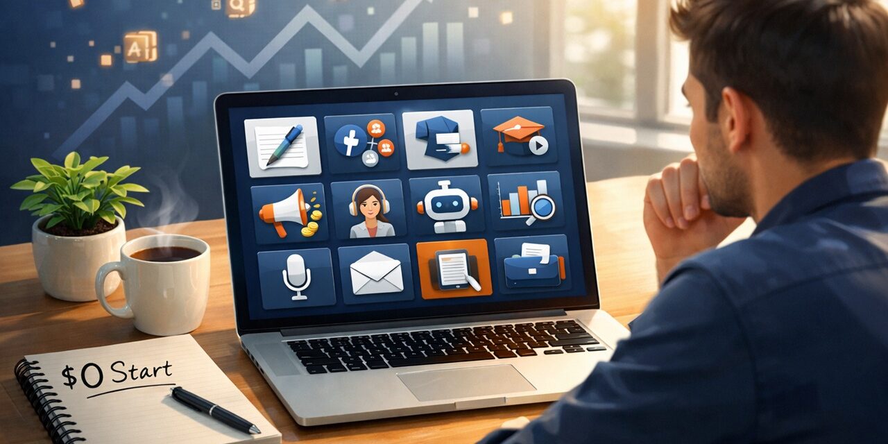 Entrepreneur exploring AI business ideas with laptop, using free tools to start a zero cost digital income business