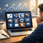 Entrepreneur exploring AI business ideas with laptop, using free tools to start a zero cost digital income business