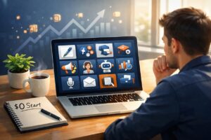 Entrepreneur exploring AI business ideas with laptop, using free tools to start a zero cost digital income business