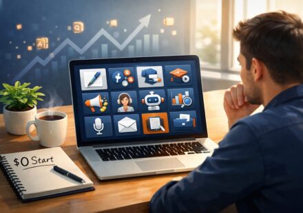 Entrepreneur exploring AI business ideas with laptop, using free tools to start a zero cost digital income business