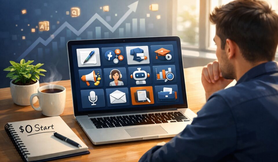 Entrepreneur exploring AI business ideas with laptop, using free tools to start a zero cost digital income business