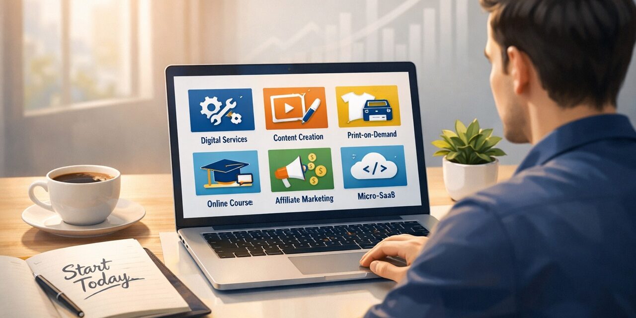 Entrepreneur planning profitable online business launch at modern workspace with laptop and growth strategy visuals for digital income success