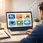 Entrepreneur planning profitable online business launch at modern workspace with laptop and growth strategy visuals for digital income success