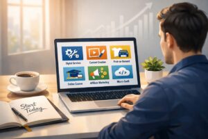 Entrepreneur planning profitable online business launch at modern workspace with laptop and growth strategy visuals for digital income success