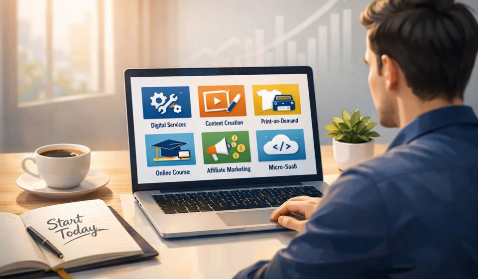 Entrepreneur planning profitable online business launch at modern workspace with laptop and growth strategy visuals for digital income success