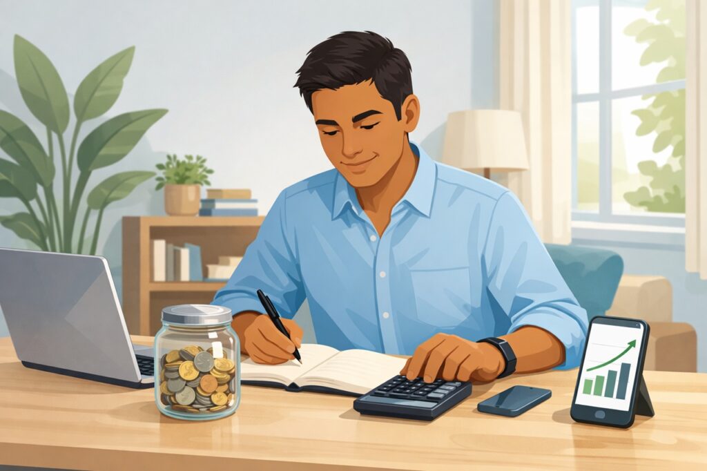 Person planning finances with calculator and savings jar to save money and build wealth