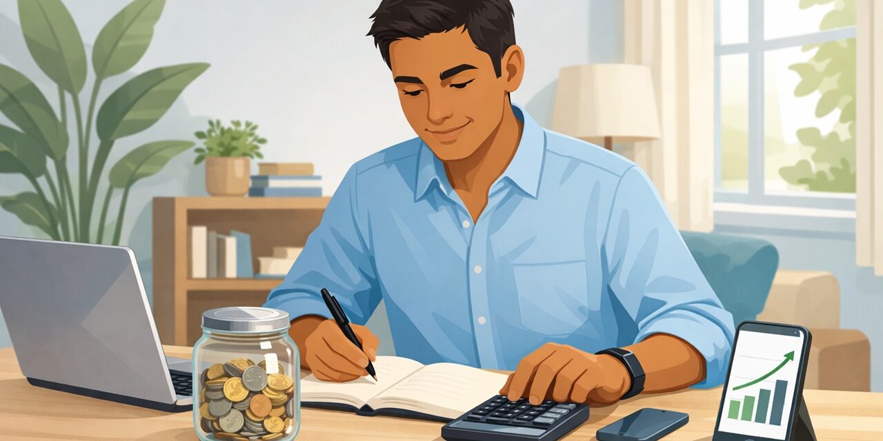 Person planning finances with calculator and savings jar to save money and build wealth