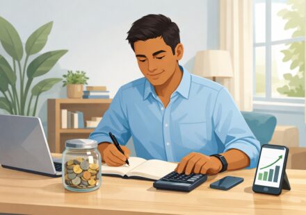 Person planning finances with calculator and savings jar to save money and build wealth