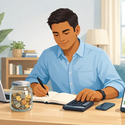 Person planning finances with calculator and savings jar to save money and build wealth