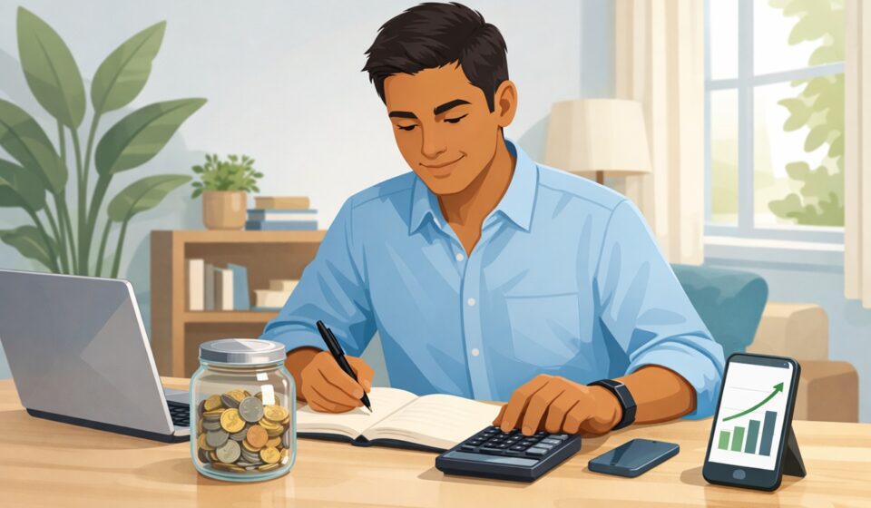 Person planning finances with calculator and savings jar to save money and build wealth