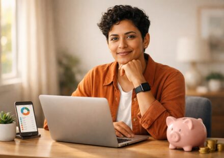 Person using budgeting app and savings tools to build smart money habits for financial security