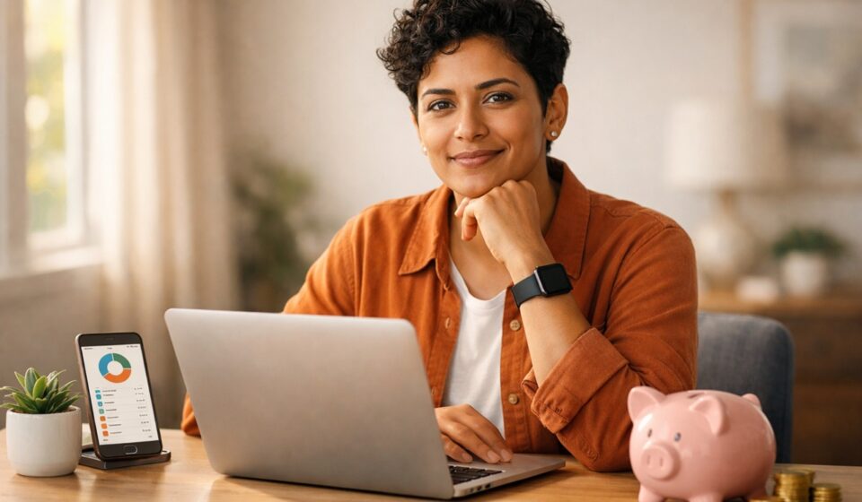 Person using budgeting app and savings tools to build smart money habits for financial security