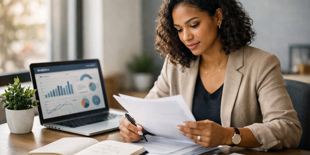 Entrepreneur reviewing business plan at modern desk to identify and avoid common startup mistakes for business success