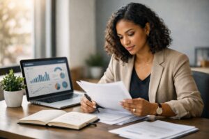 Entrepreneur reviewing business plan at modern desk to identify and avoid common startup mistakes for business success