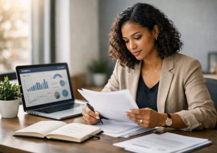 Entrepreneur reviewing business plan at modern desk to identify and avoid common startup mistakes for business success