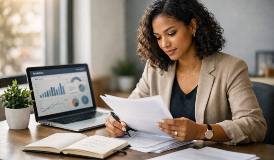 Entrepreneur reviewing business plan at modern desk to identify and avoid common startup mistakes for business success